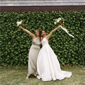 Revelry devan convertible satin dress in silver sage